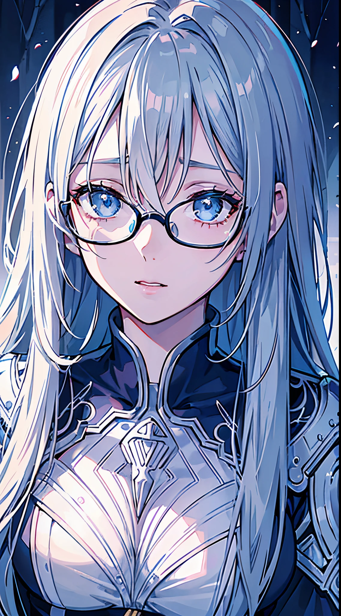 {8k image}, 1woman (solo), beautifil woman, 30 years old, greek nose and thin lips, busty, blue eyes, wearing glasses, Neck tatoo, facing the camera, {face portrait}, close on face, Just face and chest photo, background forest, manga art style, beautiful lineart, lineart
