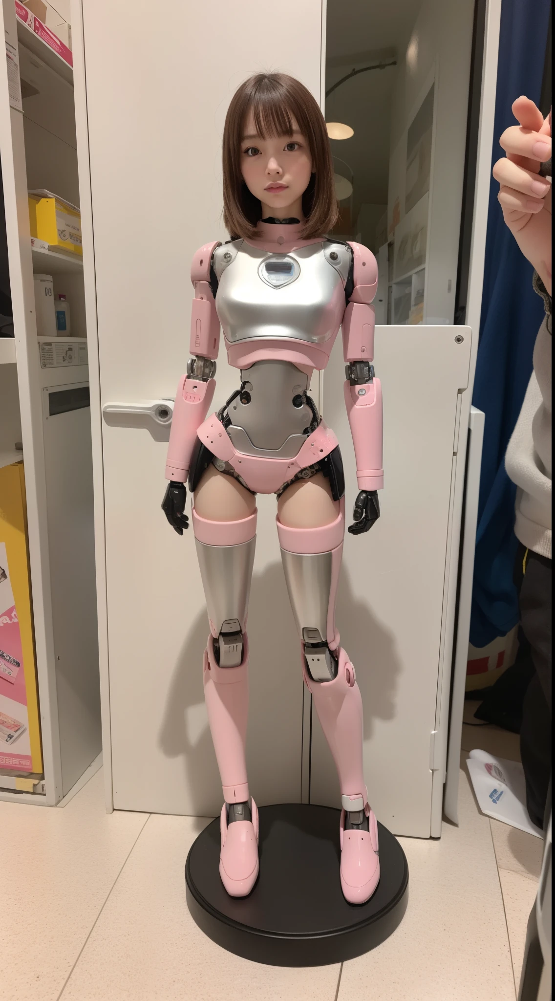 robot girl, pink there, Silver, Metallic body, Robot Parts, Metal Parts, Super Detailed Face, Super well-formed face, of the highest quality, a small face, a small head, Brown hair, slender body, Camera gaze, Internal Mechanical Exposure, Idol, Well-proportioned body, gravure, Photo session, Akihabara, Moe Pose, Standing with legs open, Model body type, sad, Embarrassing,(Perfect Robot Girl),(Perfect machine body)