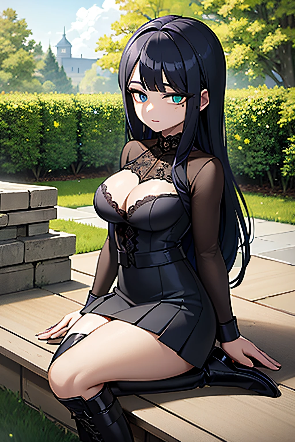 (masterpiece, best quality), 1 woman, dark blue hair, long hair, bright bluebell eyes, a mole on the left cheek, black pleated lace blouse, white mini pencil skirt, black leather boots, black sheer stockings, half French half Japanese, intricate, garden, willow tree, dappled sunlight, full body, flower field