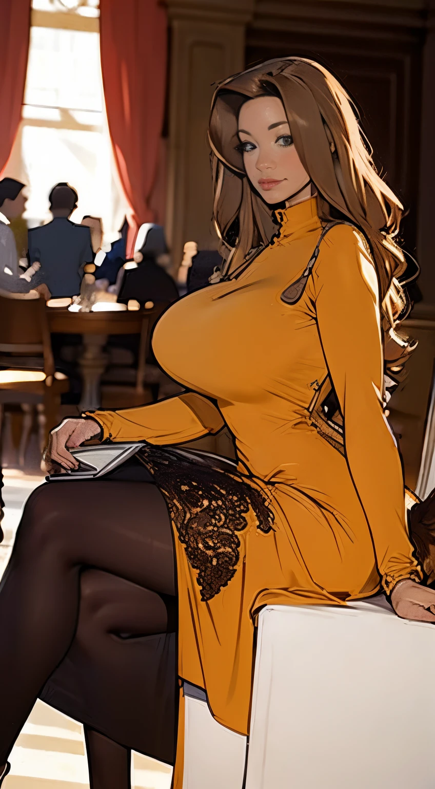 Woman with  in long-sleeved princess dress sitting in cafe,  dog  sitting in lap,masterpiece, best quality,extremely detailed, perfect anatomy