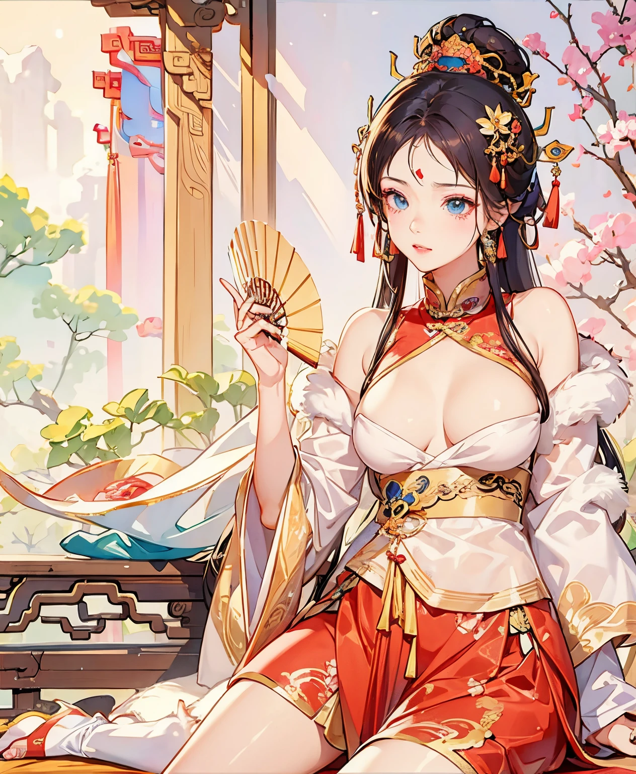 Anime woman wearing oriental clothes sitting on bed holding fan, Popular topics on cgstation, beautiful fantasy empress, 宮 ， A girl in Hanfu, Princesa chinesa antiga, Guviz style artwork, China Princess, Exquisite renderings of the Tang Dynasty, anime goddess, chinese empress, [ 4K digital art ]!!, Inspired by Lanying, an ancient Chinese goddess,Raised sexy,Bare chest