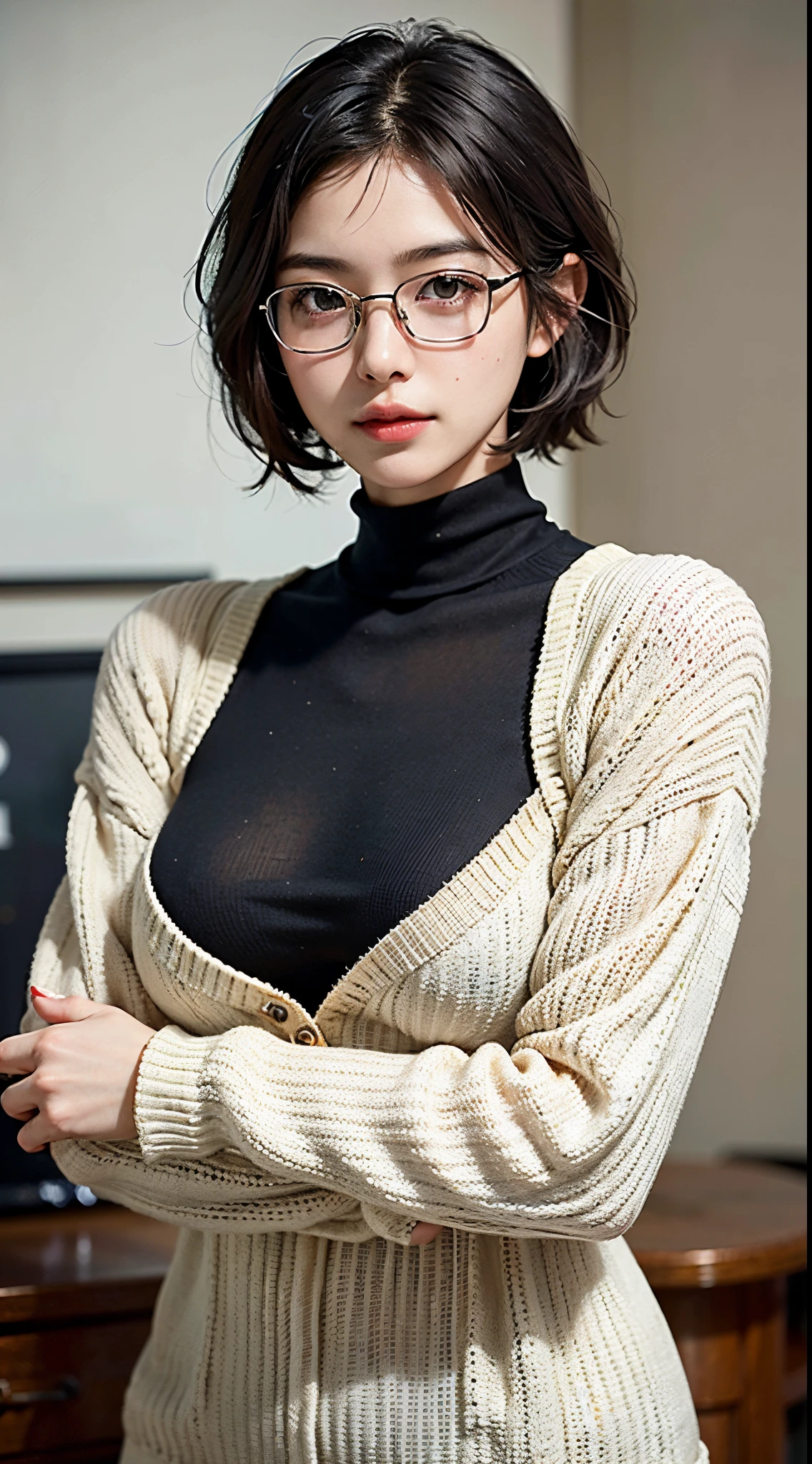 Best-quality, Masterpiece, Ultra-High-Resolution, (Photorealistic:1.4), Raw-Photo, (Photorealistic:1.4), Raw-Photo, 1girl, 30-years-old, the most popular Japanese actress, upper-body-shot, (((wearing stylish glasses)), woollen sweater), looking at viewer, beautiful smile, extremely beautiful face like a most famous Japanese actress, extremely beautiful big black solid circle eyes, (extremely beautiful black short-cut-haired), extremely beautiful lips, extremely beautiful white skins, extremely beautiful big breasts, extremely beautiful body