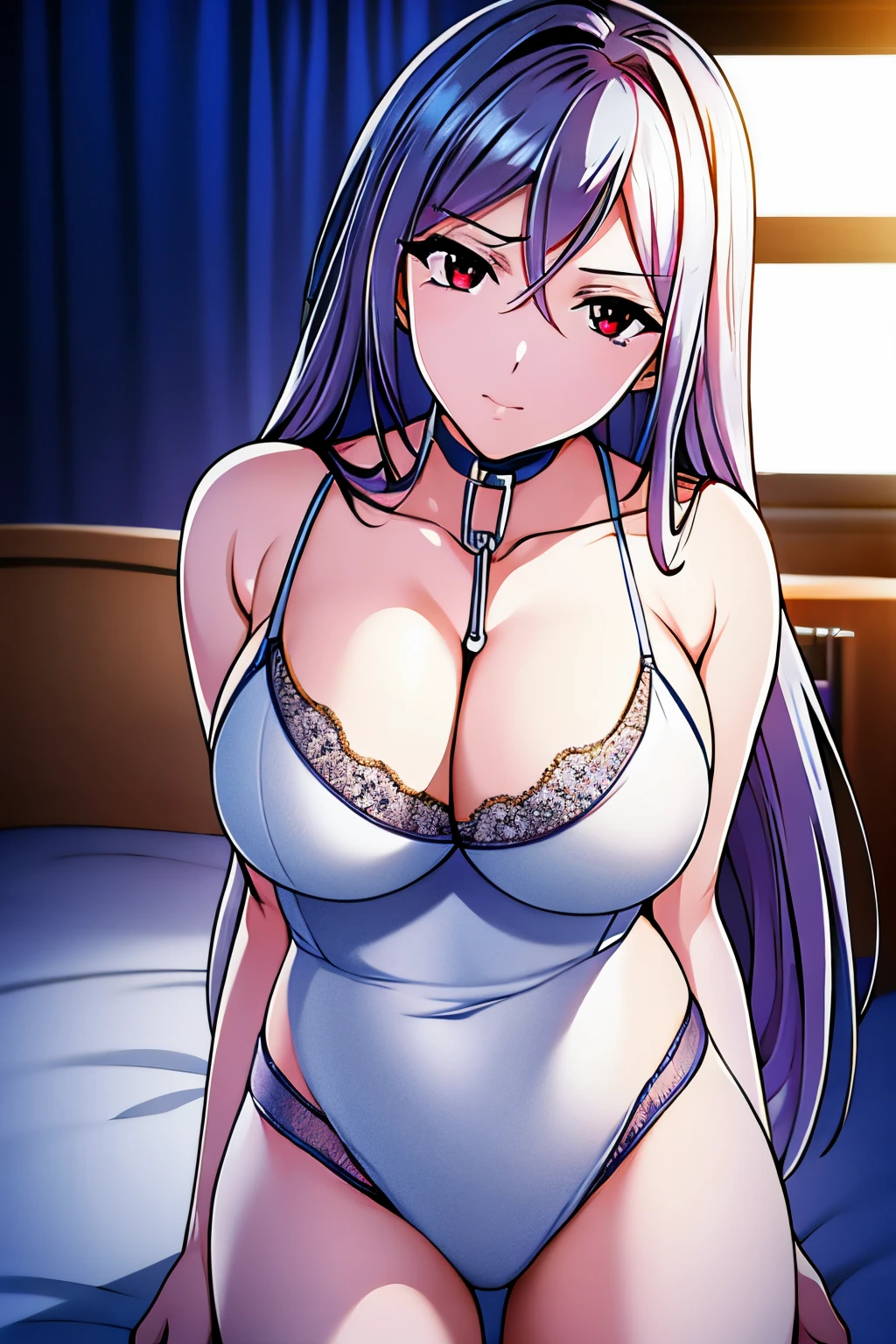 Bedroom, on the beds, Night,Blue sky, windows,CityView,Indoors, Garter Belt, garter strap,thighs thighs thighs thighs, Underwear, Purple bra,White lingerie, White lace bra,White lingerie,Purple lace panties, weddingdress、cleavage, 鎖骨, Bare shoulders, Chained,Jewelry, (white_hair:1.5),Long hair,Red Eyes,Bangs, 1 girl, 20yr old,infp young woman,Beautiful Finger,Beautiful long legs,Beautiful body, Beautiful nose,Beautiful character design, Perfect eyes, Perfect face,Expressive eyes,Perfect balance, Looking at Viewer,(focus on her entire upper body),Closed mouth, (Innocent_Big_Eyes:1.0),(light_Ashamed:0.7), Official art,Highly detailed CG Unity 8k wallpaper, Perfect Lighting,Colorful, Bright_front_Face_Lighting,White skin, (masutepiece:1.0),(best_quality:1.0), 超A high resolution,4K,Ultra-detailed, Photography, 8K, nffsw, hight resolution, absurderes:1.2, Kodak Portra 400, Film grain, Blurry background, Bokeh:1.2, Lens Flare, (Vibrant_Color:1.2),professional photograpy, (Beautiful,Large_breasts:1.2), (Beautiful_Face:1.5),(narrow_waist),