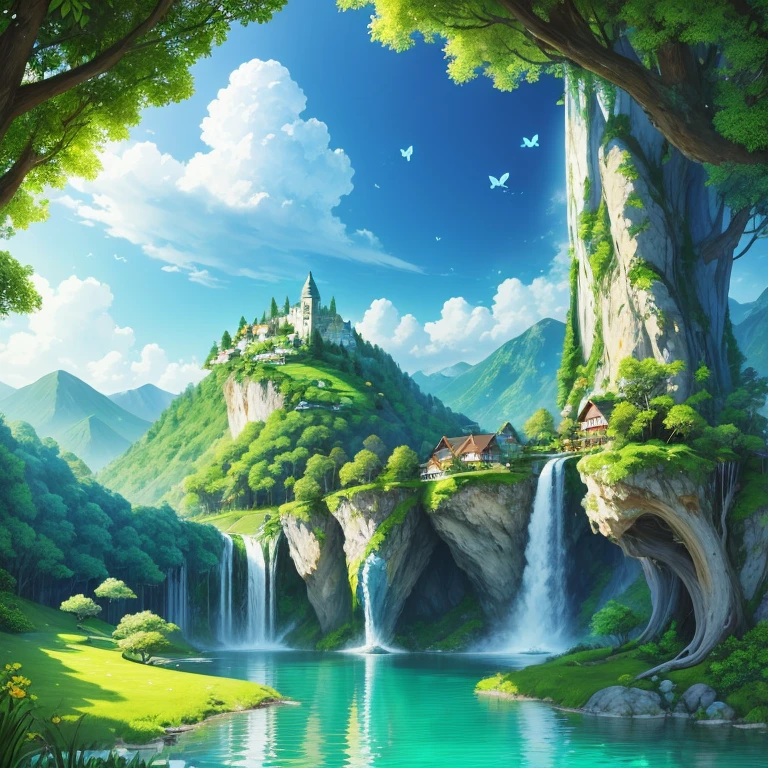 perfectly idyllic world,utopia paradise,serene atmosphere,peaceful harmony,green meadows,tranquil lakes,golden sunshine,blissful happiness,abundant flowers and plants,lush vegetation,cascading waterfalls,colorful butterflies,dancing birds,happy children playing,outdoor picnics and laughter,content animals,floating clouds,gentle breeze,whispering trees,vibrant colors,soft sunlight,harmonious symphony,serene stillness,balanced nature,bright blue skies,crystal-clear water,whispering streams,majestic mountains,rolling hills,peaceful villages,friendly neighbors,vibrant community,gardens in full bloom,architectural beauty,harmony with technology,green energy sources,harmonious coexistence,sustainable living,unity of purpose,progressive society,hopeful future