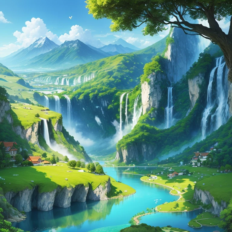 perfectly idyllic world,utopia paradise,serene atmosphere,peaceful harmony,green meadows,tranquil lakes,golden sunshine,blissful happiness,abundant flowers and plants,lush vegetation,cascading waterfalls,colorful butterflies,dancing birds,happy children playing,outdoor picnics and laughter,content animals,floating clouds,gentle breeze,whispering trees,vibrant colors,soft sunlight,harmonious symphony,serene stillness,balanced nature,bright blue skies,crystal-clear water,whispering streams,majestic mountains,rolling hills,peaceful villages,friendly neighbors,vibrant community,gardens in full bloom,architectural beauty,harmony with technology,green energy sources,harmonious coexistence,sustainable living,unity of purpose,progressive society,hopeful future