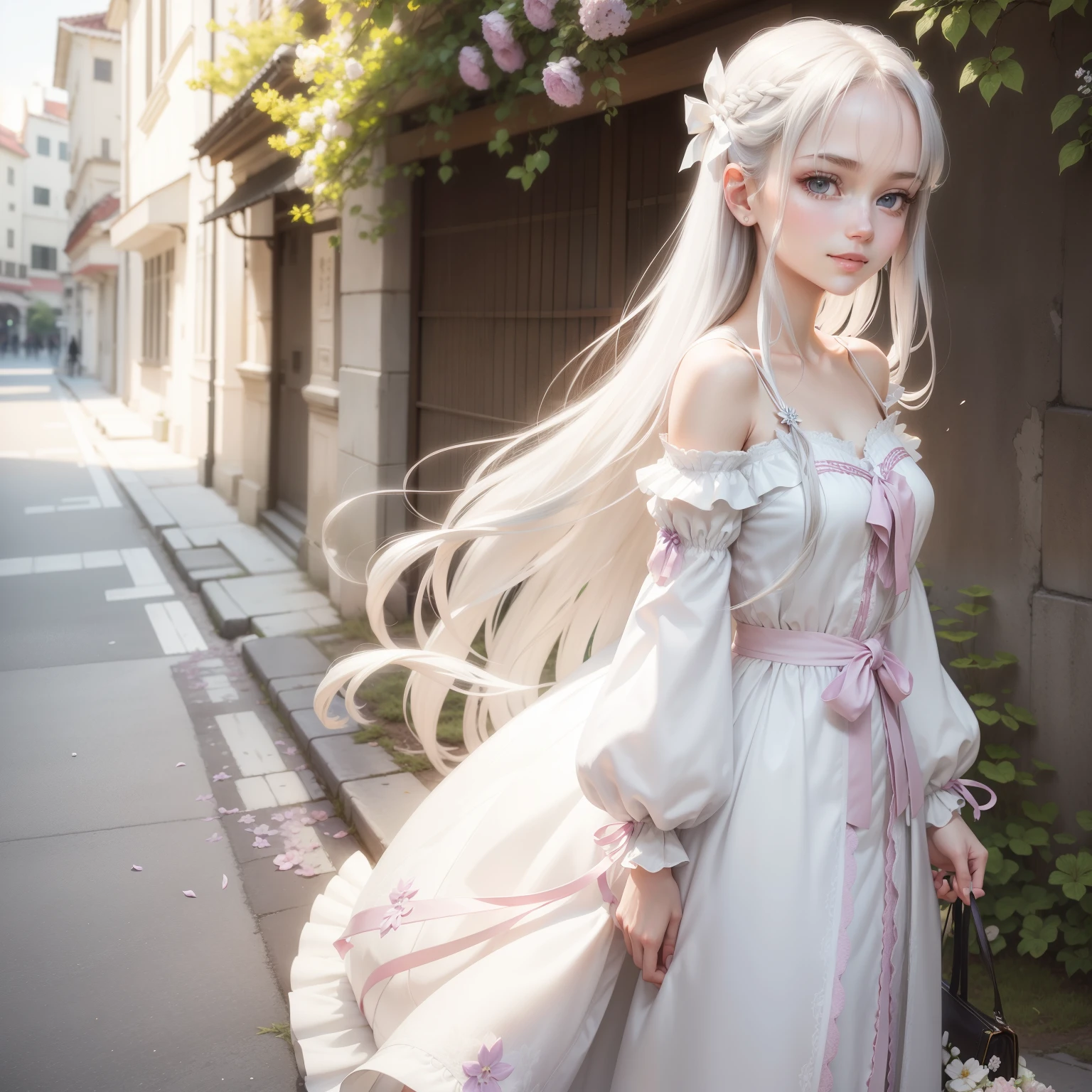 masutepiece, Superb Piece, Daytime, plein air, Falling flowers, White Dress, 1 girl, A perfect woman, Woman with silver and white long hair, gray blue eyes, pale pink lips, Cold, Serious, Bang, Purple eyes, White clothes, black closing line, Delicate face, Exquisiteface, Standing Bow, tassels, Happiness knot, Smile