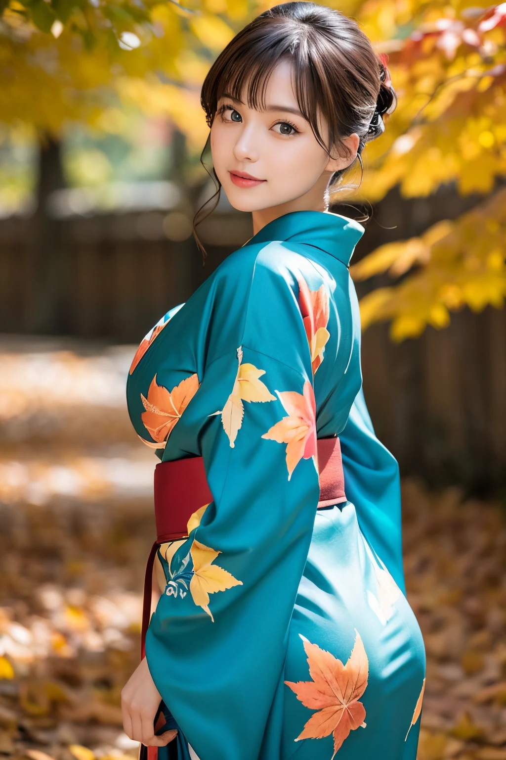 (masutepiece:1.3, Photorealsitic:1.4, 8K), top-quality, masterpiece, 超A high resolution, Perfect dynamic composition, Professional camera work, Grow Light Effect, Highly detailed skin and facial texture:1.3, A detailed eye, Detailed limbs, autumnal, Lit up, Autumn foliage scenery:1.2, 1girl in, Cute sexy 23 year old slim woman, Fair skin, Autumn leaves are dancing:1.2, (Enraptured look:0.9, Totally captivates you:1.0), (Red kimono:1.35, Only the shoulders are exposed), (voluptuous breasts:0.9), (backshots, looking at viewert, randome pose), (Beautiful blue eyes, Eyes that feel beautiful eros:0.85), Sexy face:0.4, (A mouthfeel that feels beautiful eros:0.85), ((Too cute beauty:0.9))