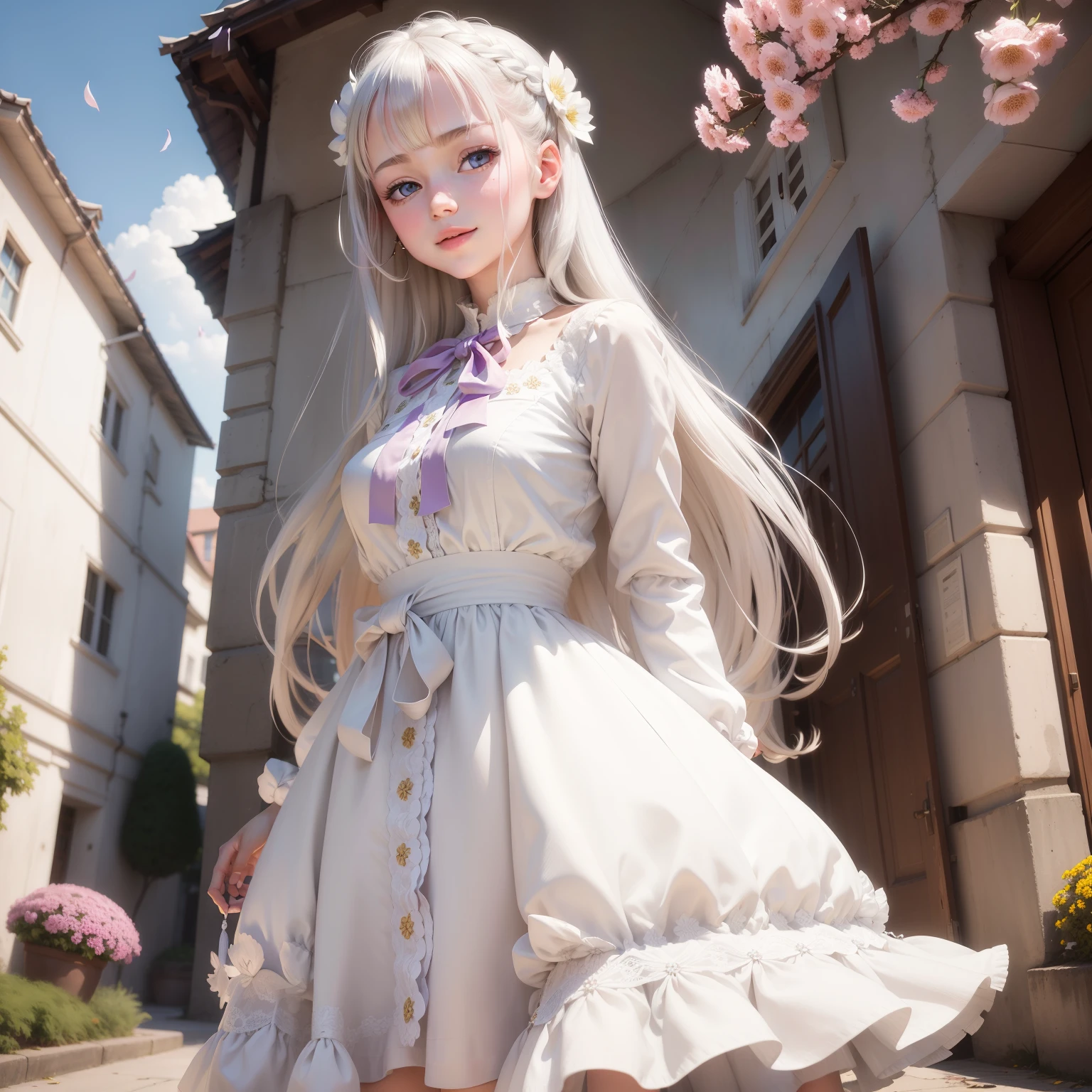 masutepiece, Superb Piece, Daytime, plein air, Falling flowers, White Dress, 1 girl, A perfect woman, Woman with silver and white long hair, gray blue eyes, pale pink lips, Cold, Serious, Bang, Purple eyes, White clothes, black closing line, Delicate face, Exquisiteface, Standing Bow, tassels, Happiness knot, Smile