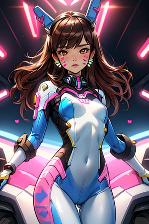 (masterpiece, best quality), 1lady, solo, masterpiece, best quality, 1girl, d.va (overwatch), solo, long brown hair, swept bangs, whisker markings, facial mark, animal print, facepaint, bunny print, brown eyes, (cute:1.6), (pretty:1.2), slim, (soft expression:1.2), (smile:0.8), blue bodysuit, blue pilot suit, ribbed bodysuit, skin tight, white gloves, small breasts, brown eyes, cowboy shot, headphones, pink lips, masterpiece, artstation, dynamic, charming, magical, unreal engine, fantastically beautiful, illustration, dramatic lighting, rave background, neon glow, maximalist