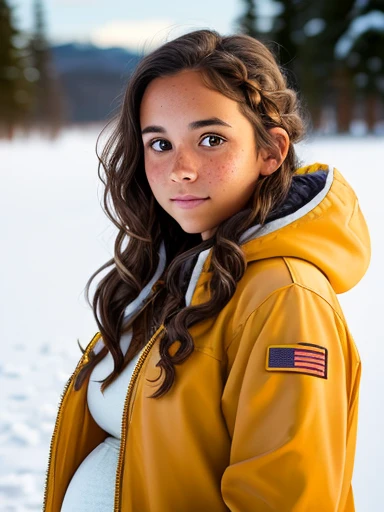 1girl. Tan skin, freckles on nose, freckles on cheeks, dark brown hair, wavy hair, hair braid, pregnant, light jacket, snow, full body, wide angle,