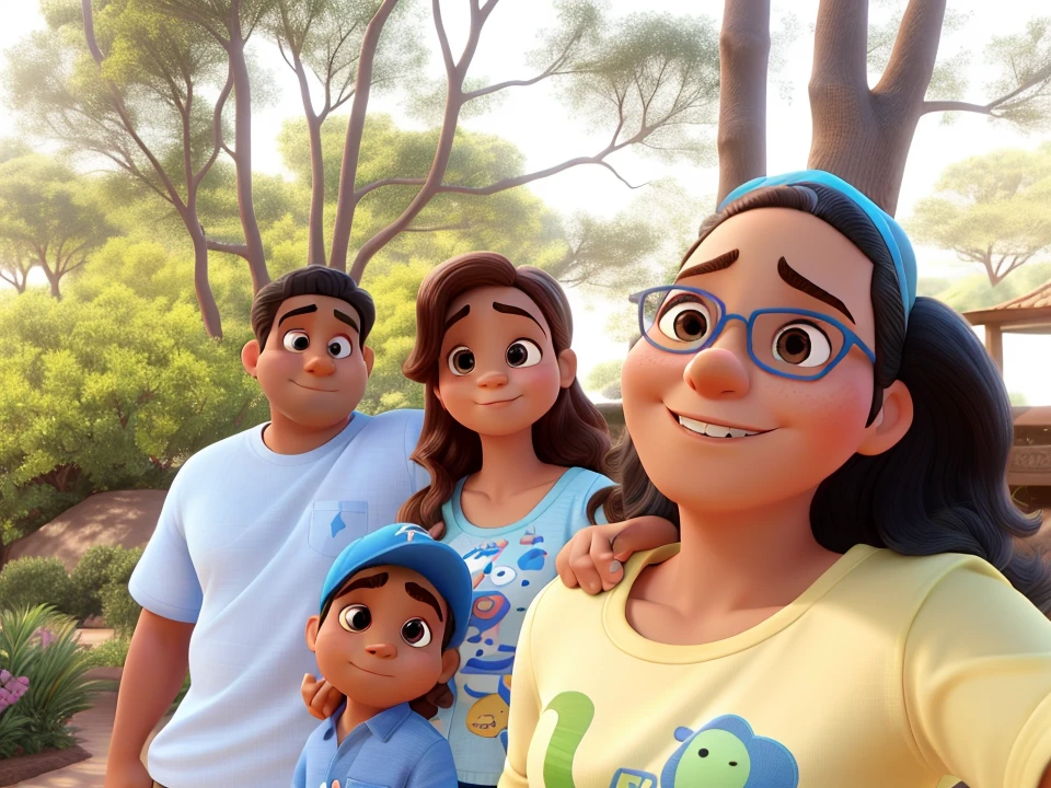 uma familia disney pixar, alta qualidade, melhor qualidade, a 40 year old man is without a cap , uma mulher de 40 anos gordinha,the boy is wearing a blue cap, the others are not wearing caps, e uma jovem de 16 anos usando oculos cabelo preto