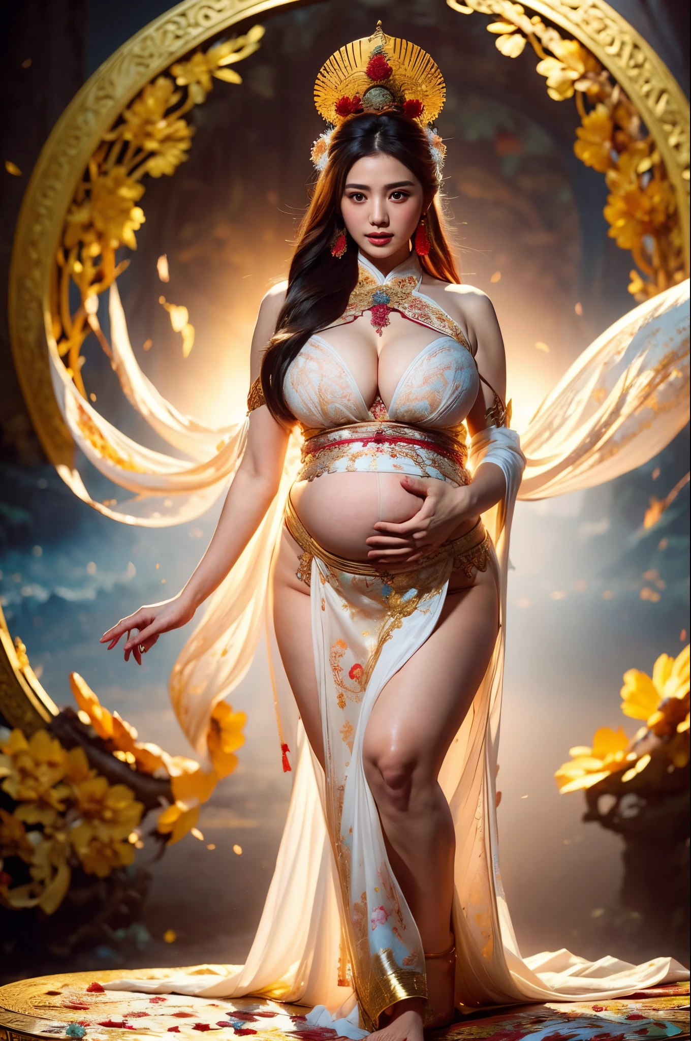 ancient Chinese phoenix costume、see -through、Big belly、pregnant woman、wearing silk cloth、Beautiful dances、1 girl in、(full bodyesbian:1.5)、独奏、hanfu、flower  field、florals、(White:1.3)(realisitic:1.4)、Zen entanglement、mandalas、entanglement、Official Art、Unified 8K Wallpapers、ultra-detailliert、Beautiful and beautiful、​masterpiece、top-quality、(dynamic ungle:1.4)、glistning skin、(floating colorful flash:1)The most beautiful chaotic shapes、Elegant and brutal design、bright colour、romantic depth of field