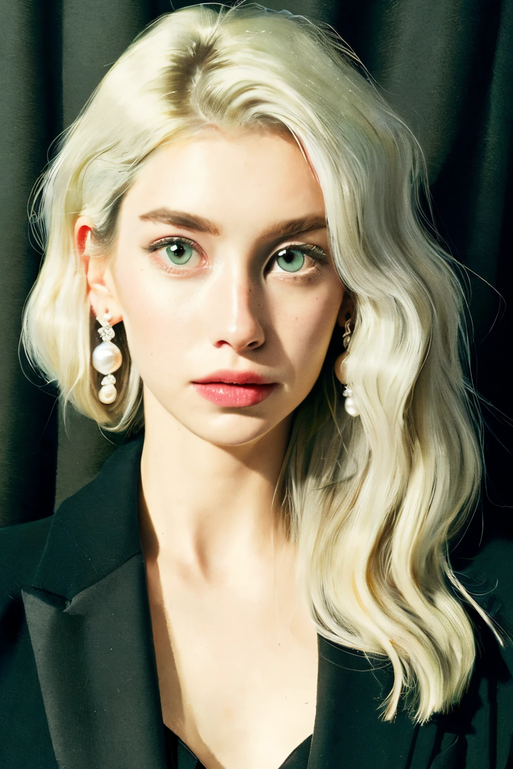 (watercolor:1.2),1girl, solo, flower, portrait, art, formal, curtain bangs, platinum blonde, long hair, wavy hair, updo, green eyes, pearl earrings, formal, black suit,