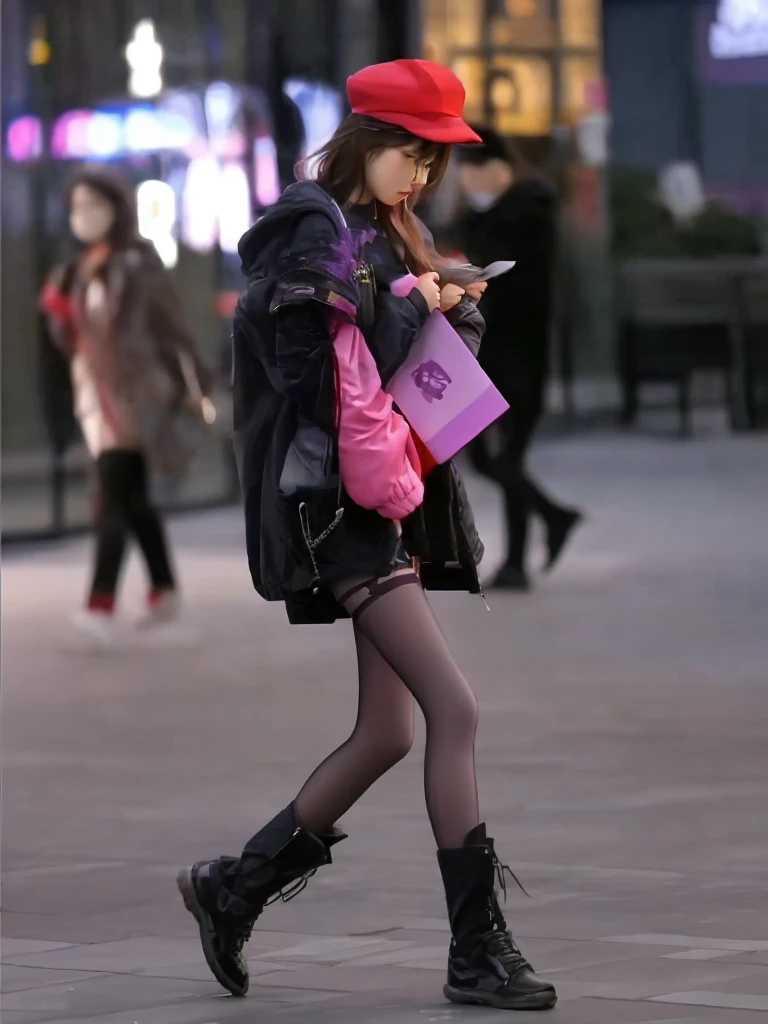 Remove the pink leggings and make the legs longer without wearing a jacket,Topless stockings turn black