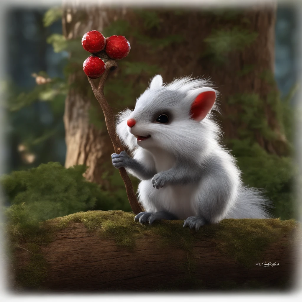 gremlin, squirrel-like, tasseled ears, bright silver and red fur, long fluffy tail, large ears, covered with silver fur, holding a nut in his paws, acorn, Stands under a big oak tree, , Best Quality, Masterpiece, in style of dark fantasy art,