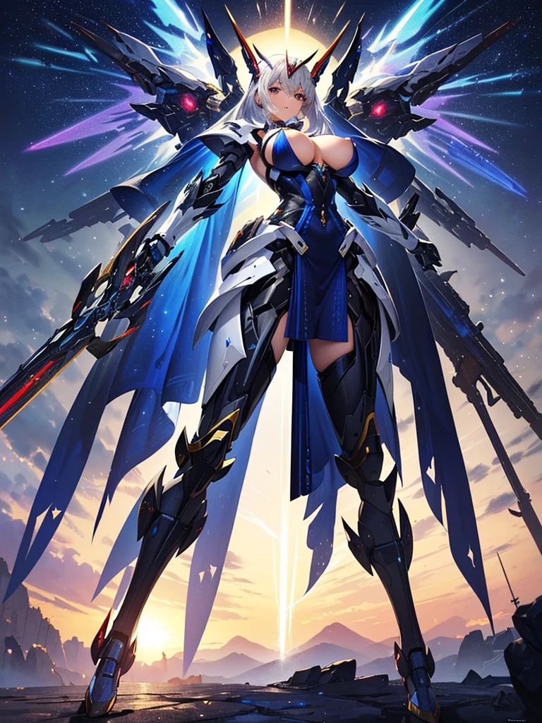 ((masterpiece:1.2)), ((highest quality)), detailed metal texture, detailed cloth texture, extreme detailed description, (T-maste piece), super fine illustration, highly detailed face, raw photo, professional, ultra-fine painting, perfect anatomy, real, ((Solo)), ((Mecha Angel Beautiful female wizard in costume)), Beautiful breasts, Concept art, (Combat pose), Detailed fantasy art, (Beautiful shiny silver hair), (Has large wings), ((mecha:1.4))Smooth and menacing design, (Sapphire blue mechanical magic wand exclusively for marshals), (Marshal's exclusive sapphire blue magic attack weapon armament), ((action pose)), ((marshal exclusive pearl white and sapphire blue magic attack weapon armament type armor dress), starry sky, other world, Magic Circle, no robot, (NSFW)