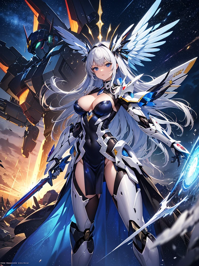 ((masterpiece:1.2)), ((highest quality)), detailed metal texture, detailed cloth texture, extreme detailed description, (T-maste piece), super fine illustration, highly detailed face, raw photo, professional, ultra-fine painting, perfect anatomy, real, ((Solo)), ((Mecha Angel Beautiful female wizard in costume)), Beautiful breasts, Concept art, (Combat pose), Detailed fantasy art, (Beautiful shiny silver hair), (Has large wings), ((mecha:1.4))Smooth and menacing design, (Sapphire blue mechanical magic wand exclusively for marshals), (Marshal's exclusive sapphire blue magic attack weapon armament), ((action pose)), ((marshal exclusive pearl white and sapphire blue magic attack weapon armament type armor dress), starry sky, other world, Magic Circle, no robot, (NSFW)