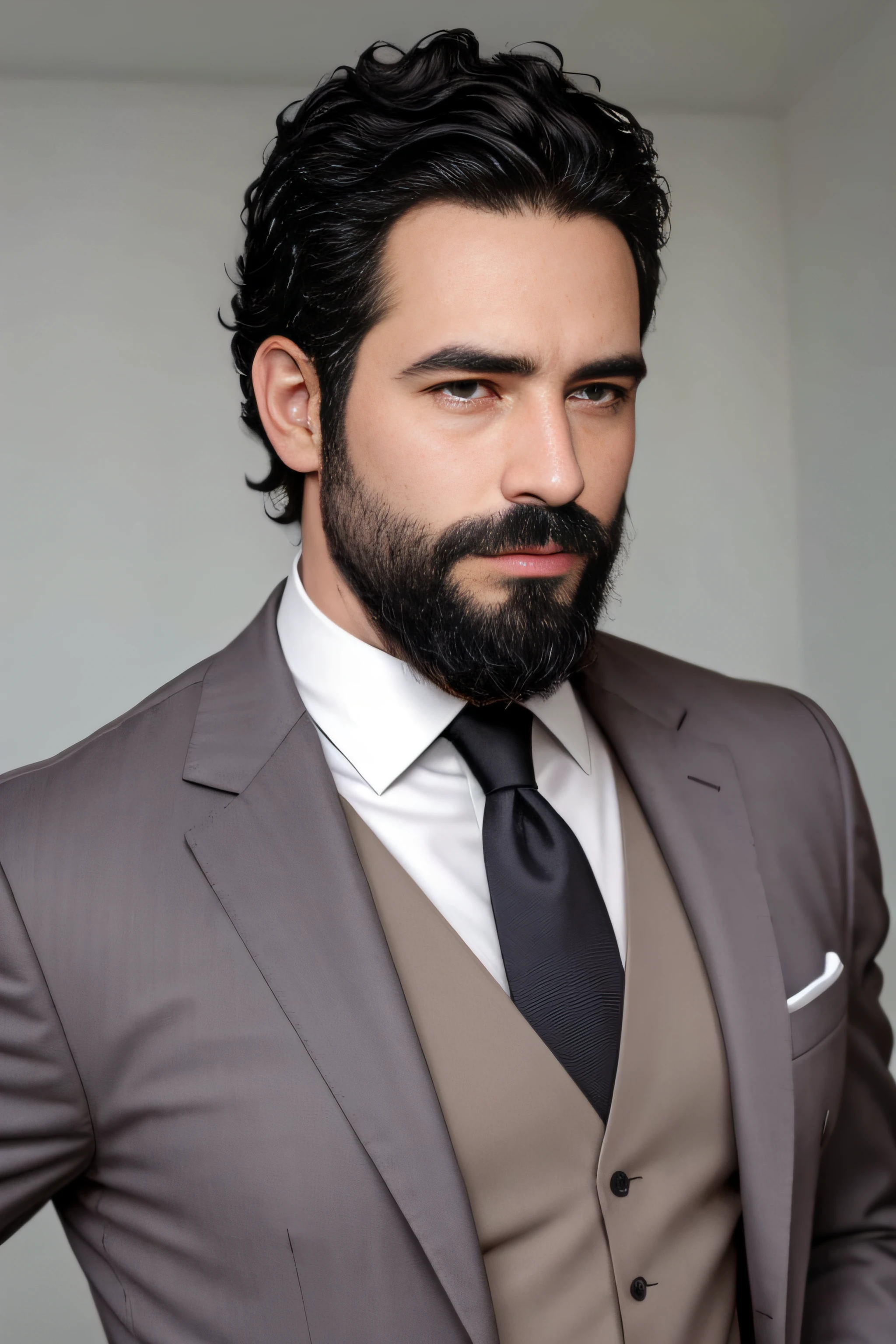 Generates a high-definition image of a 38-year-old man with a clean face and no visible body hair. El hombre tiene cabello oscuro, corto y bien peinado. Presenta una mirada directa, seria y segura. Viste un elegante traje negro bien ajustado, con una camisa blanca y corbata negra. La imagen debe tener un estilo hiperrealista., with lighting that softens the features and focuses attention on the quality of the suit and the neatness of its appearance