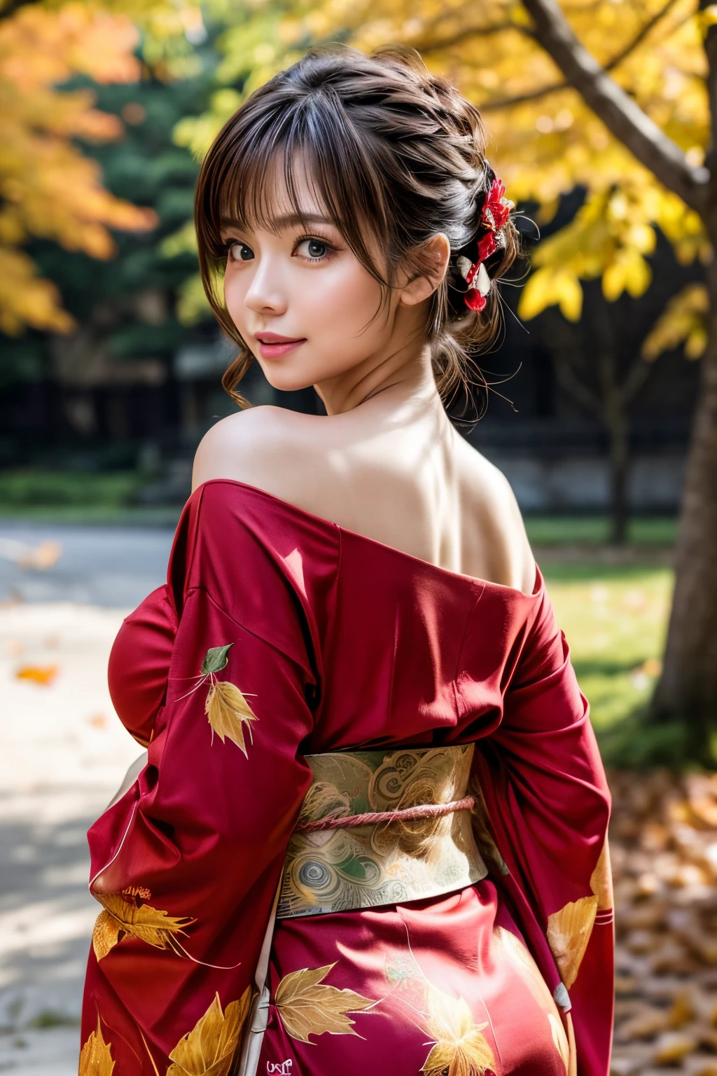 (masutepiece:1.3, Photorealsitic:1.4, 8K), top-quality, masterpiece, 超A high resolution, Perfect dynamic composition, Professional camera work, Highly detailed skin and facial texture:1.3, A detailed eye, Detailed limbs, autumnal, Autumn leaves landscape at night:1.2, 1girl in, Cute sexy 25 year old slim woman, Fair skin, Autumn leaves are dancing:1.2, (Enraptured look:0.9, Totally captivates you:1.0), (Red kimono:1.3, Only the shoulders are exposed), (voluptuous breasts:0.9), (backshots, randome pose), (Beautiful blue eyes, Eyes that feel beautiful eros:0.85), Sexy face:0.4, (A mouthfeel that feels beautiful eros:0.85), ((Too cute beauty:0.9))