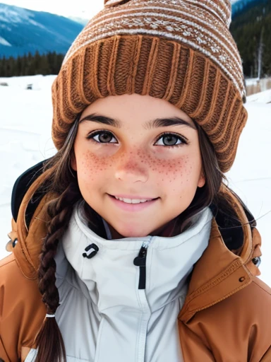 1girl. Tan skin, freckles on nose, freckles on cheeks, dark brown hair, wavy hair, hair braid, beanie, pregnant, light jacket, snow, full body, wide angle, ski resort,