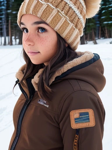 1girl. Tan skin, freckles on nose, freckles on cheeks, dark brown hair, wavy hair, hair braid, beanie, pregnant, light jacket, snow, full body, wide angle, ski resort,