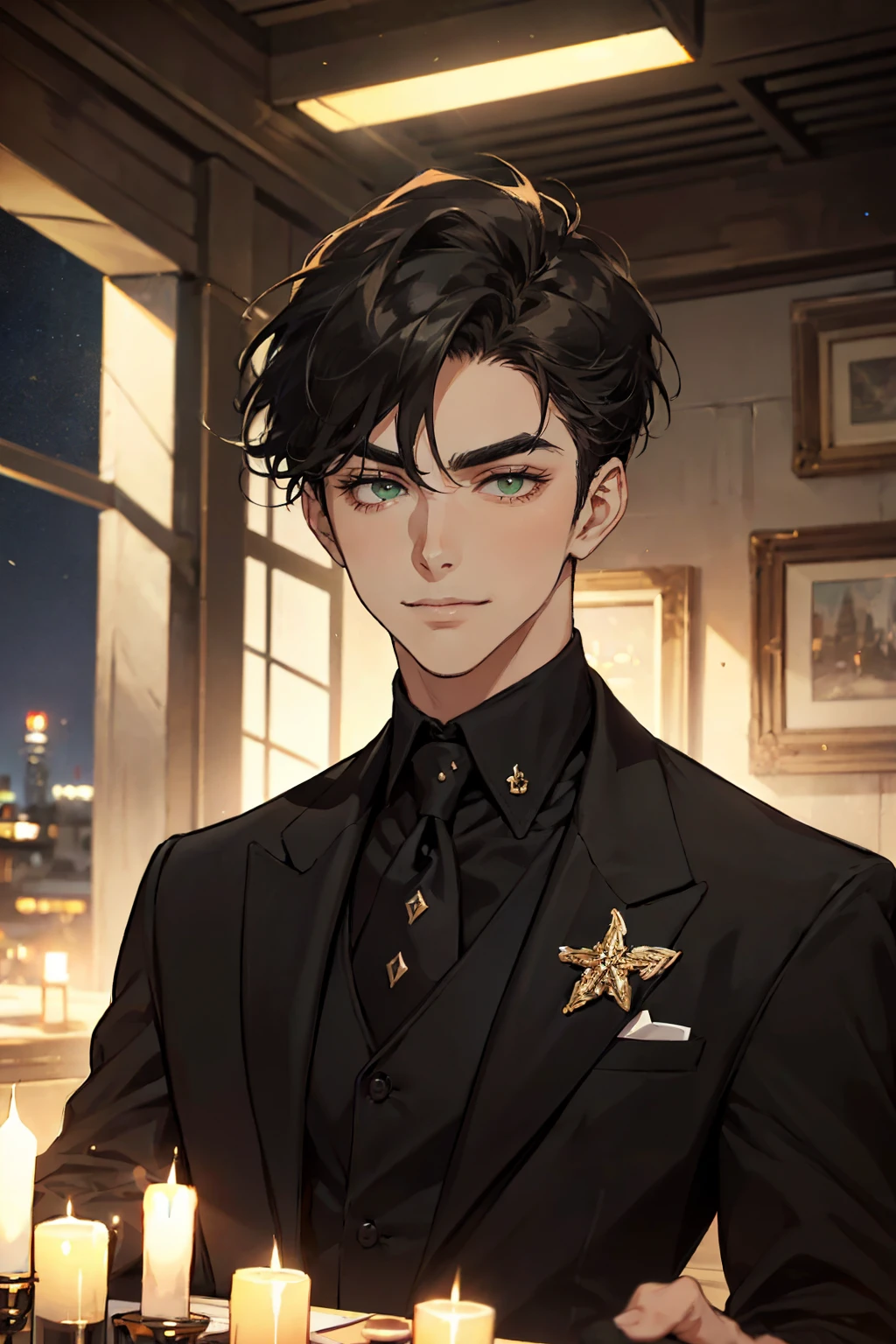 ((One young man with a black suit and tie)), alejandro, (((one side swept dark short neat hair))), ( green eyes and thick eyebrows), ((20 years old)), ((masterpiece)), ((cinematic lighting)), relax look and smirk, waiting for someone