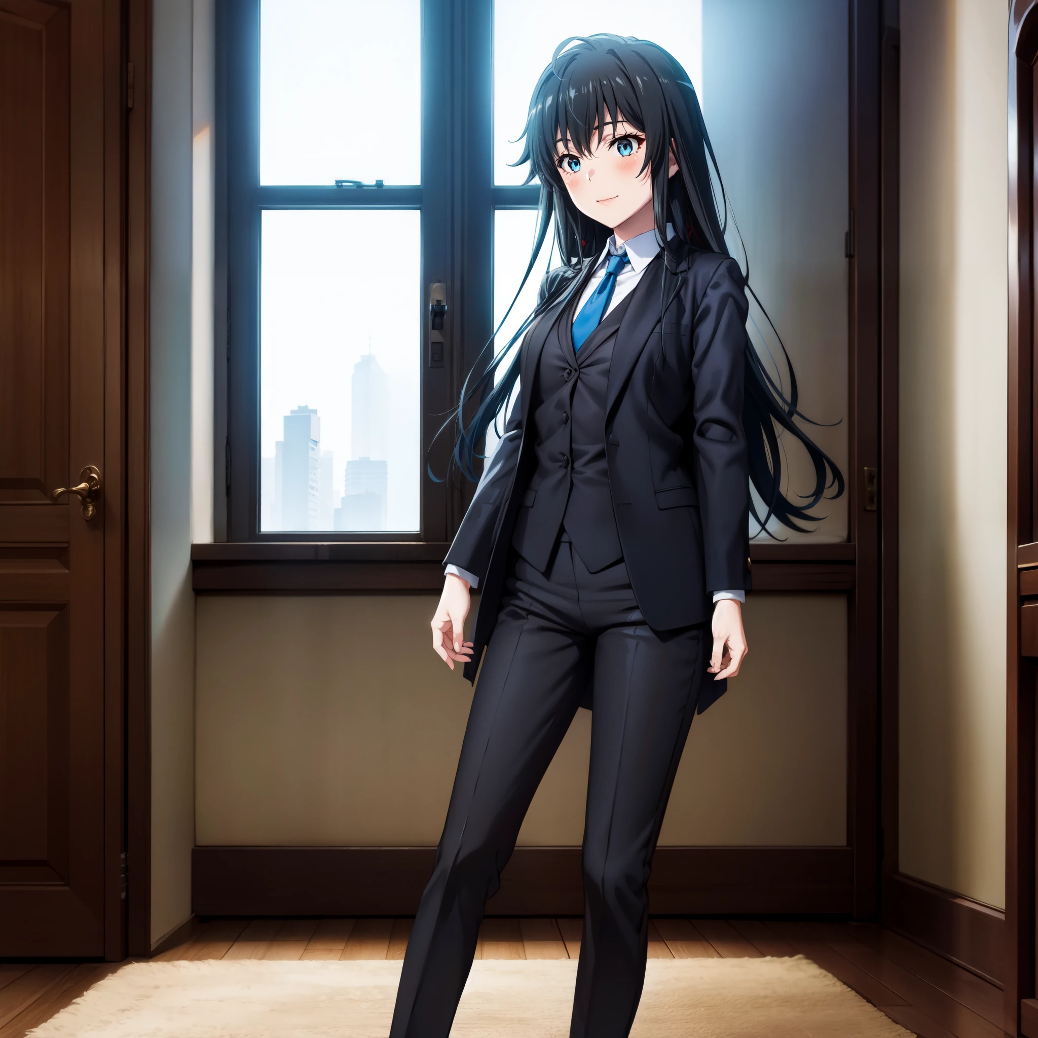 Yukinoshita yukino,woman in formal attireactive suit tuxedo tailcoat standing in a large alcove in the room, 1girl, solo, necktie, black hair, blue eyes, long hair, smile, jacket, looking at viewer, shirt, pants, blue necktie, collared shirt, white pants, white shirt, indoors, bangs, long sleeves, closed mouth, window, black jacket, blush, cowboy shot, formal, suit, full body , blue eyes detailed