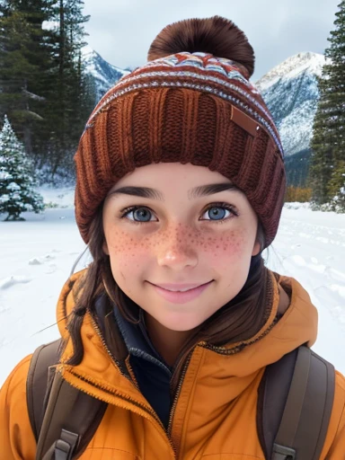 1girl. Tan skin, freckles on nose, freckles on cheeks, dark brown hair, wavy hair, hair braid, beanie, pregnant, light jacket, snow, full body, wide angle, mountain cabin