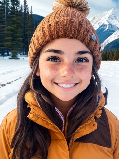 1girl. Tan skin, freckles on nose, freckles on cheeks, dark brown hair, wavy hair, hair braid, beanie, pregnant, light jacket, snow, full body, wide angle, mountain cabin