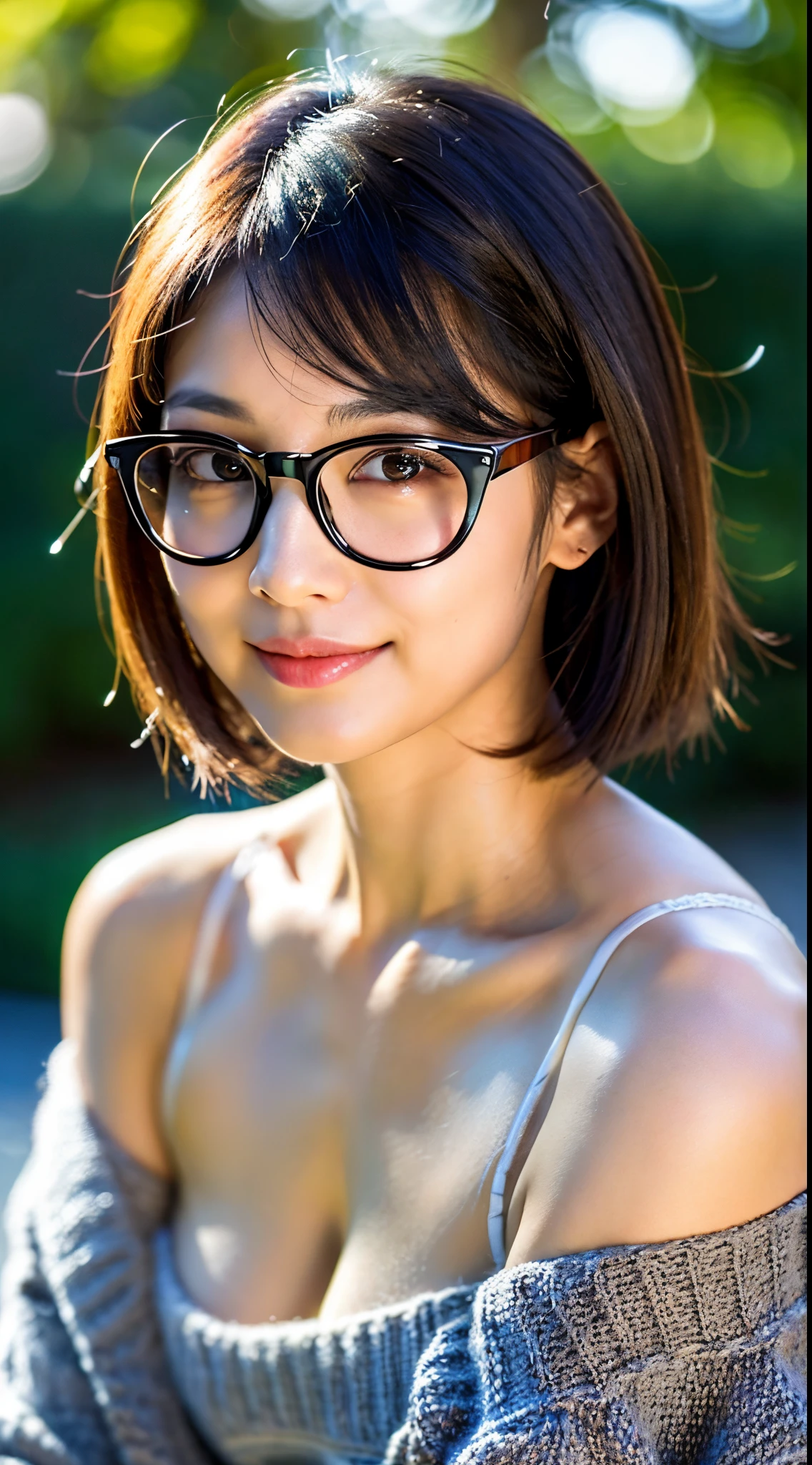 Best-quality, Masterpiece, Ultra-High-Resolution, (Photorealistic:1.4), Raw-Photo, (Photorealistic:1.4), Raw-Photo, 1girl, 30-years-old, the most popular Japanese actress, upper-body-shot, (((wearing stylish glasses)), woollen sweater), looking at viewer, beautiful smile, extremely beautiful face like a most famous Japanese actress, extremely beautiful big black solid circle eyes, (extremely beautiful black short-cut-haired), extremely beautiful lips, extremely beautiful white skins, extremely beautiful big breasts, extremely beautiful body