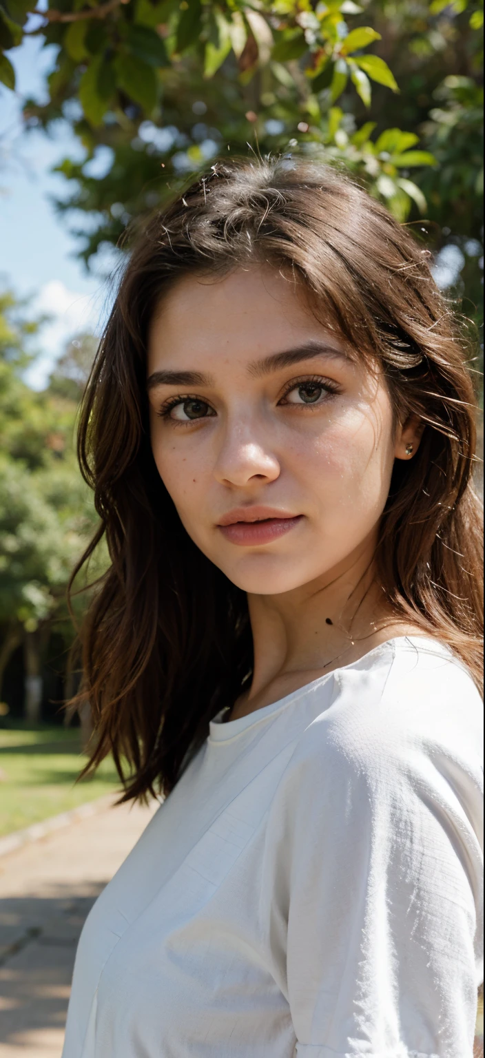 Gere uma imagem realista de uma jovem exploradora digital chamada Aurora Santos. Ela tem 25 anos, tem olhos castanhos expressivos e cabelos pretos com brilho natural. Its appearance is vibrant and authentic, reflecting a mix of curiosity and elegance. Vista-se com estilo Equilibrando conforto e moda, she is walking in a park