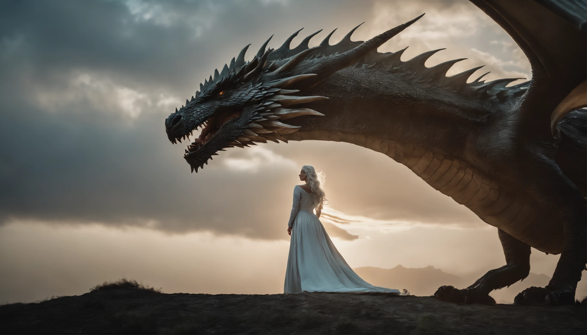 A princess wearing a white dress with beautiful white hair is flying in the sky on a dragon., game of thrones drama style, High fidelity Photograph, Movie-like tone and manner, Dynamic screen composition, Highest Quality, 4k quality,