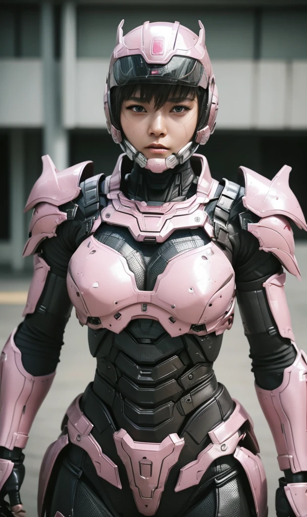 Textured skin, Super Detail, high details, High quality, Best Quality, hight resolution, 1080p, hard disk, Beautiful,(War Machine),beautiful cyborg woman,pink and black mecha cyborg girl,Battle Mode,Girl with a Mecha Body(pink and black),She wears a futuristic war machine weapon mech、Very Shorthair、Brown eyes、Sweaty face、Frightened look、 Opening Mouth