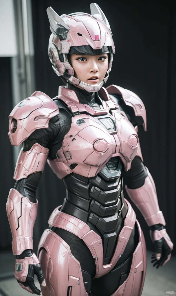 Textured skin, Super Detail, high details, High quality, Best Quality, hight resolution, 1080p, hard disk, Beautiful,(War Machine),beautiful cyborg woman,pink and black mecha cyborg girl,Battle Mode,Girl with a Mecha Body(pink and black),She wears a futuristic war machine weapon mech、Very Shorthair、Brown eyes、Sweaty face、Frightened look、 Opening Mouth
