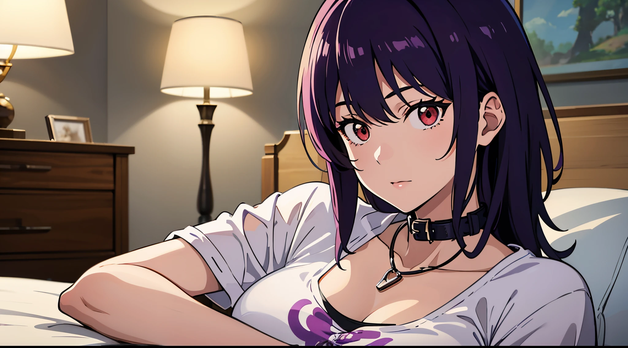 kusanagi motoko, Purple colored hair, red eyes, （Highest high resolution，distinct_image）Best quality at best， woman， tmasterpiece， highly  detailed， Half realistic， 21 years old， adolable， 年轻， big breasts beautiful，  Oversized Transparent T-Shirt， shirt pulling， The collar is around the neck， inside in room， Modern bedroom， janelas， waking up， morning， Be red in the face