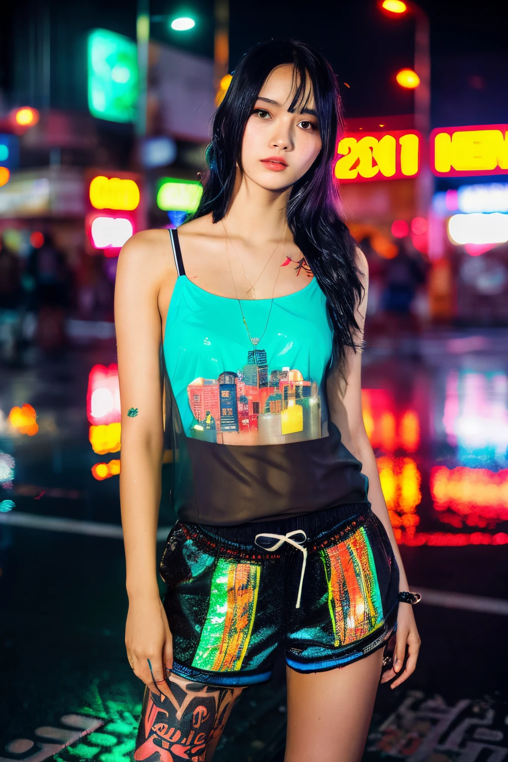 Young woman wears a semi-transparent, wet tank top with street art designs, and shorts. Her look is accentuated with visible tattoos on her neck, arms, and legs. The background is bustling with the glow of neon signs and the reflections of city lights on wet pavement. The air is misty, suggesting a recent downpour