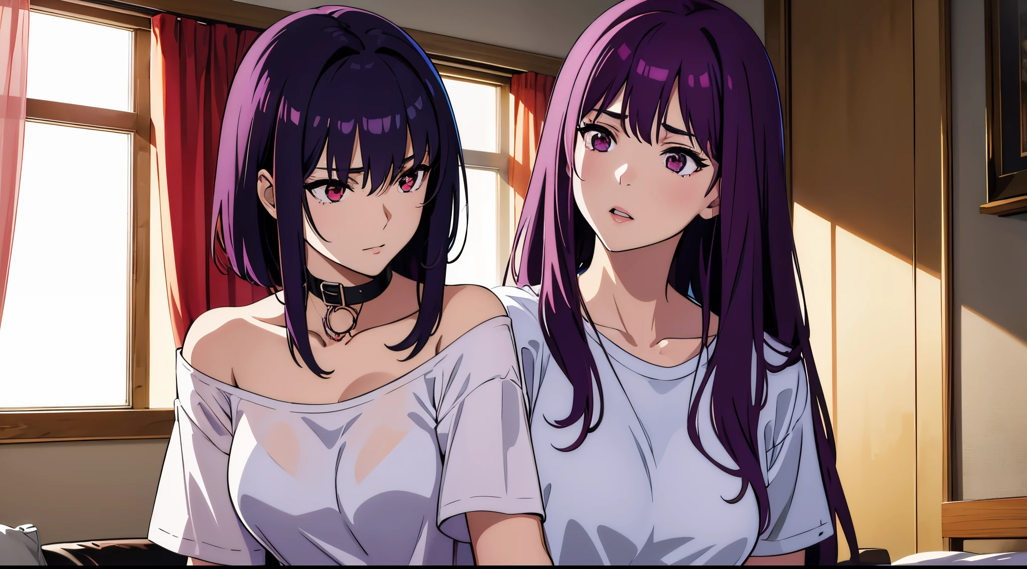kusanagi motoko, Purple colored hair, red eyes, (Highest high resolution,distinct_image)Best quality at best, woman, tmasterpiece, highly detailed, Half realistic, 21 years old, adolable, 年轻, big breasts beautiful, Oversized Transparent T-Shirt, shirt pulling, The collar is around the neck, inside in room, Modern bedroom, janelas, waking up, morning, Be red in the face