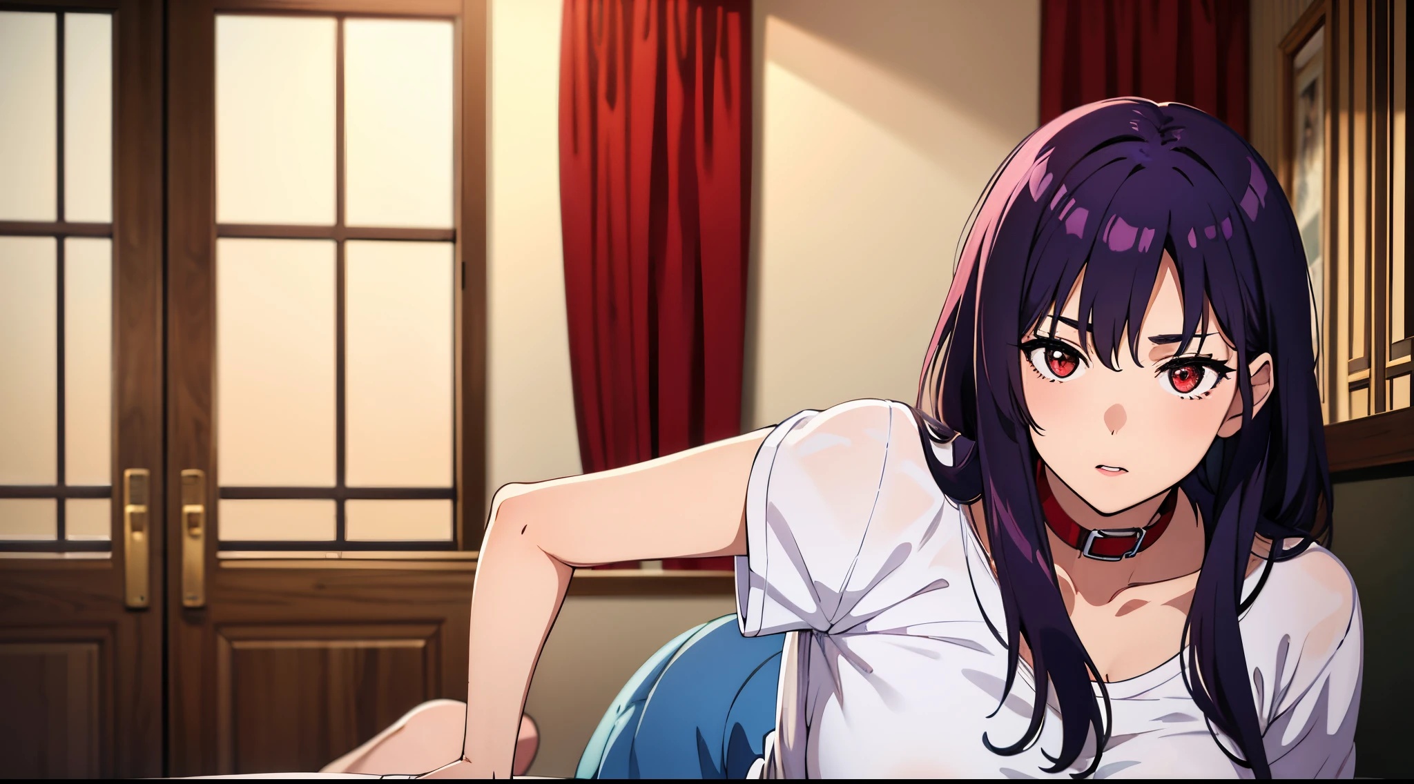 kusanagi motoko, Purple colored hair, red eyes, （Highest high resolution，distinct_image）Best quality at best， woman， tmasterpiece， highly  detailed， Half realistic， 21 years old， adolable， 年轻， big breasts beautiful，  Oversized Transparent T-Shirt， shirt pulling， The collar is around the neck， inside in room， Modern bedroom， janelas， waking up， morning， Be red in the face