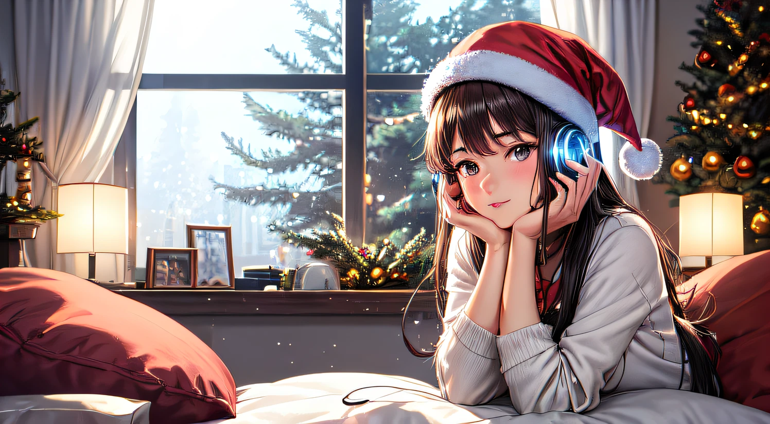 Anime girl in the Christmas decor living room with large windows and a winter sky view