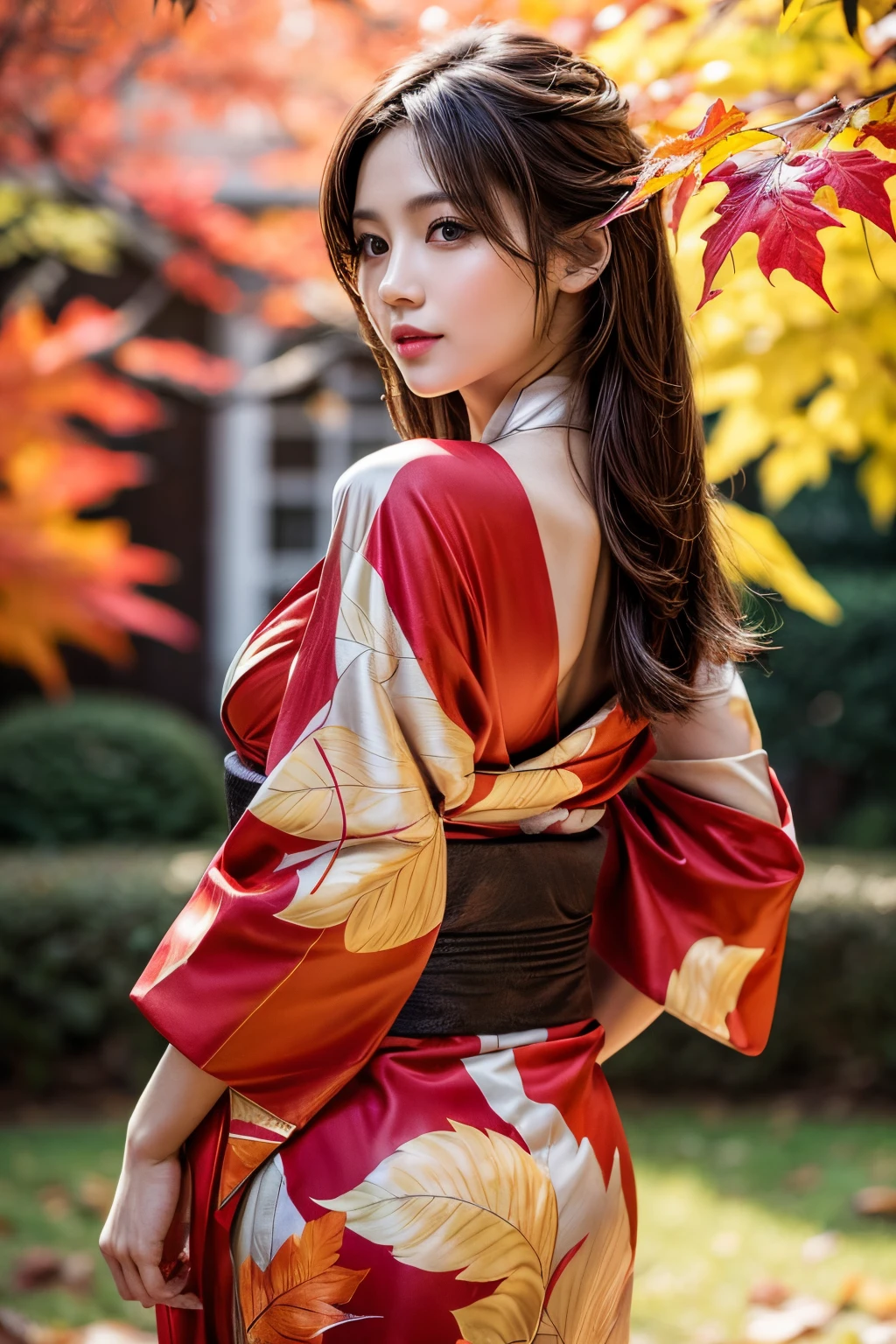 (masutepiece:1.3, Photorealsitic:1.4, 8K), top-quality, masterpiece, 超A high resolution, Perfect dynamic composition, Professional camera work, Highly detailed skin and facial texture:1.3, A detailed eye, Detailed limbs, autumnal, Autumn leaves landscape in the evening:1.2, 1girl in, Cute sexy 23 year old slim woman, Fair skin, Autumn leaves are dancing:1.2, (Enraptured look:0.9, Totally captivates you:1.0), (Red kimono:1.31 Only shoulders and back exposed), (Backshots, randome pose), (voluptuous breasts:0.9), (Beautiful blue eyes, Eyes that feel beautiful eros:0.85), Sexy face:0.4, (A mouthfeel that feels beautiful eros:0.85), ((Too cute beauty:0.9))
