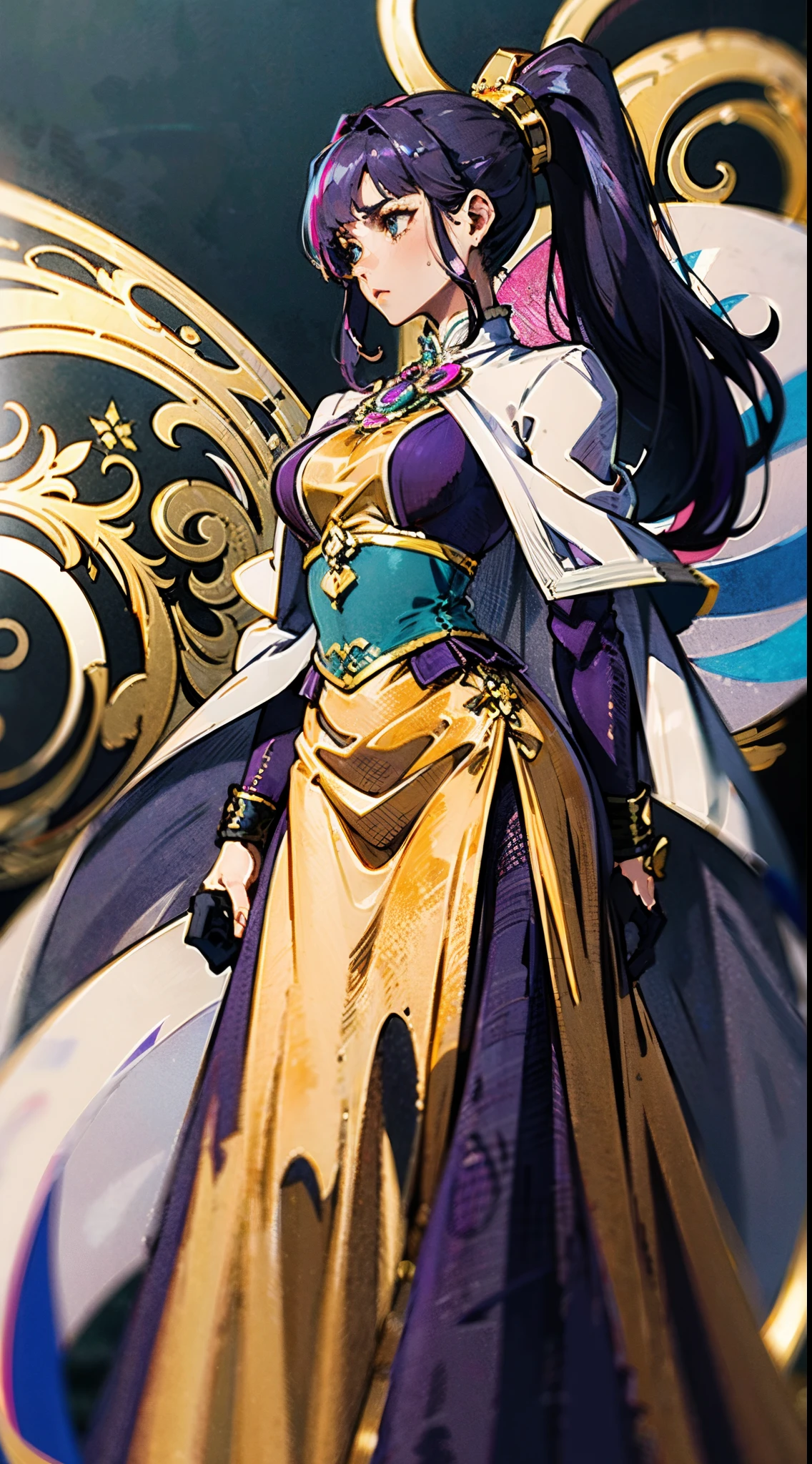 A beautiful young woman, long blue-purple hair, long bangs, ponytail, sharp gaze, a serious expression, a slender and athletic figure, a fantasy martial arts-style two-piece outfit, a fitted qipao-style long skirt, a blue-purple long cloak that almost covers her entire body, adorning her chest is an exquisite jade decorative brooch, purple mist swirls around her, a mysterious atmosphere, this character embodies a finely crafted fantasy martial arts-style female warrior in anime style, exquisite and mature manga art style, high definition, best quality, highres, ultra-detailed, ultra-fine painting, extremely delicate, professional, anatomically correct, symmetrical face, extremely detailed eyes and face, high quality eyes, creativity, RAW photo, UHD, 8k, Natural light, cinematic lighting, masterpiece-anatomy-perfect, masterpiece:1.5