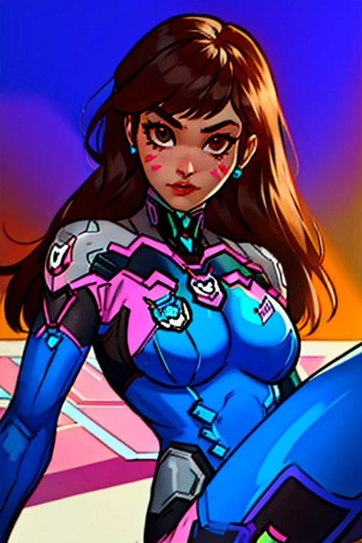 D.Va from overwatch wearing her original blue suit, riding her mecha ready to fight, smiling, cute smile, in a cyberpunk setting, D.VA, nsfw, thick thighs, thigh gap, cameltoe, visible ??????, big breasts, hard nipples, perky tits, visible areolas, visible nipples, full body view