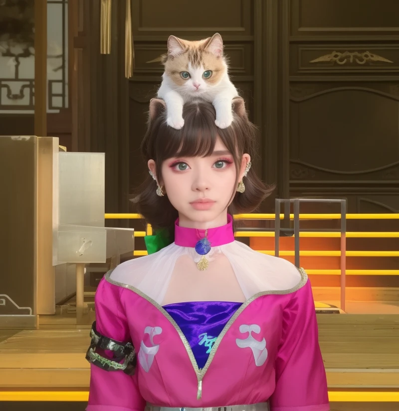 a close up of a person with a cat on their head, world boss kitten, attractive cat girl, cat ears on her head, girl with cat ears, inspired by Pu Hua, woman with cat ears, inspired by Sim Sa-jeong, she is holding a cat in her arms, woman / cat hybrid, portrait of chun li, portrait of chun - li