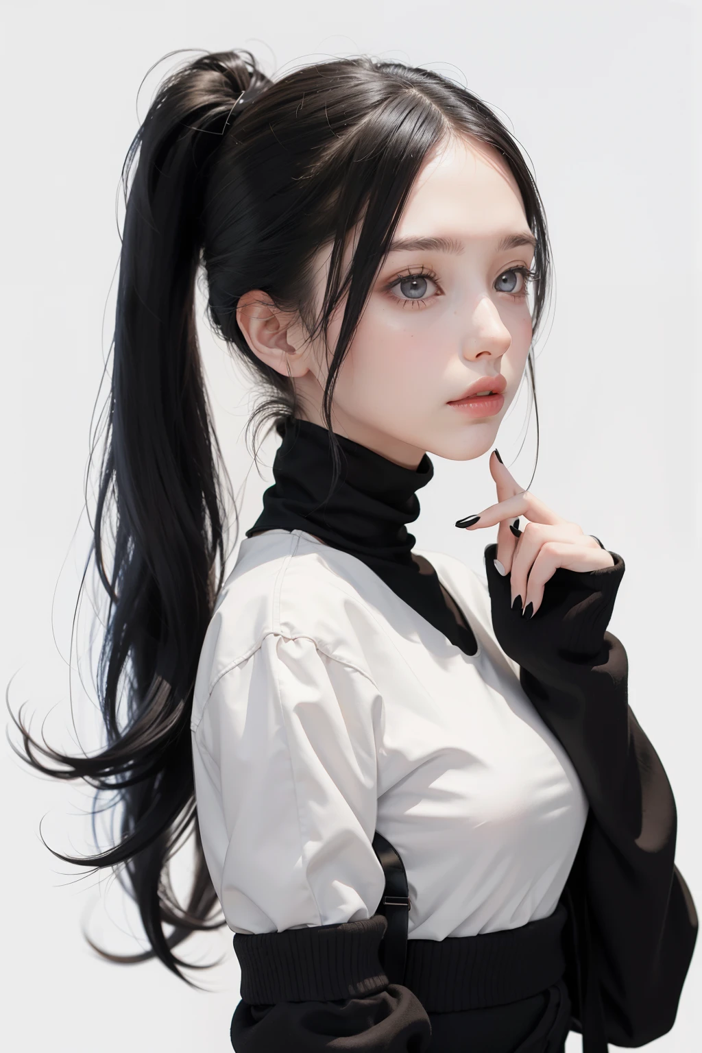 pretty cool looking pale girl with black haired ponytails with white background