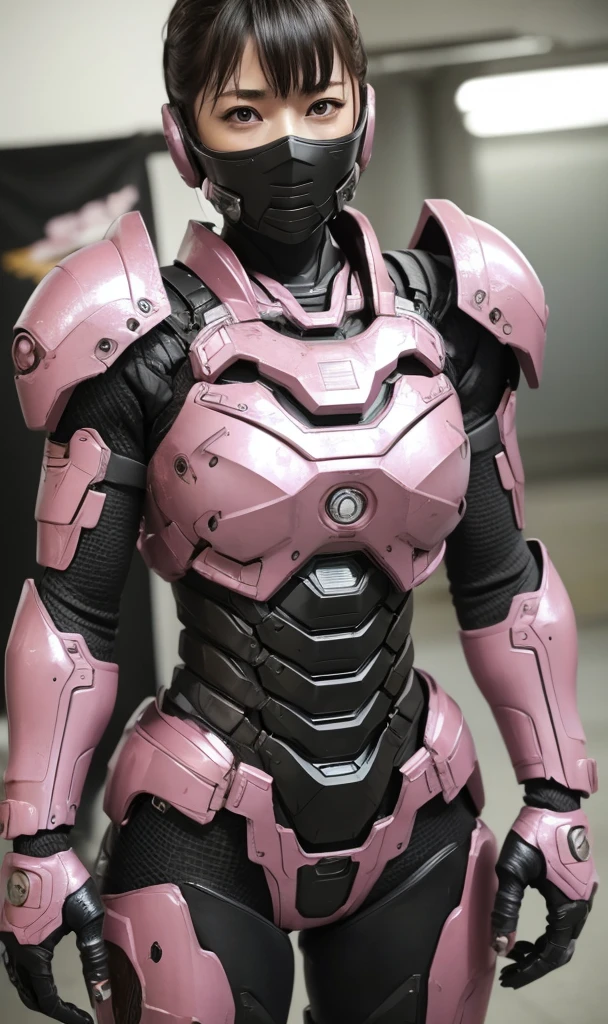 Textured skin, Super Detail, high details, High quality, Best Quality, hight resolution, 1080p, hard disk, Beautiful,(War Machine),beautiful cyborg woman,pink and black mecha cyborg girl,Battle Mode,Girl with a Mecha Body(pink and black),She wears a futuristic war machine weapon mech、Very Shorthair、Brown eyes、Sweaty face、Frightened look、 Opening Mouth