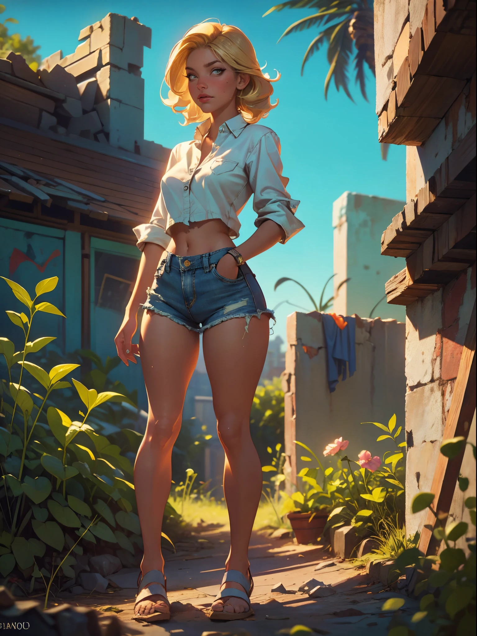 2076 year. The Urban Ruins of the Wasteland, Female huntress picking fruit in the garden, beautiful face, blonde, badly torn shirt and denim shorts ,  long legs, sweating through, sun rising, Nice warm colors, head to toe, full body shot, pretty hands, perfect fingers,