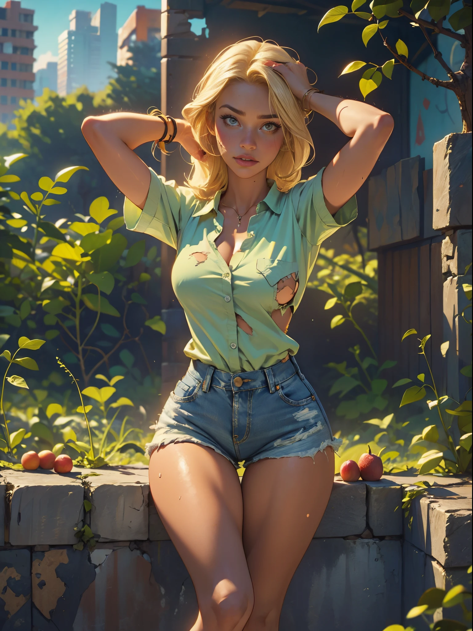2076 year. The Urban Ruins of the Wasteland, Female huntress picking fruit in the garden, beautiful face, blonde, badly torn shirt and denim shorts , long legs, sweating through, sun rising, Nice warm colors, head to toe, full body shot, pretty hands, perfect fingers,