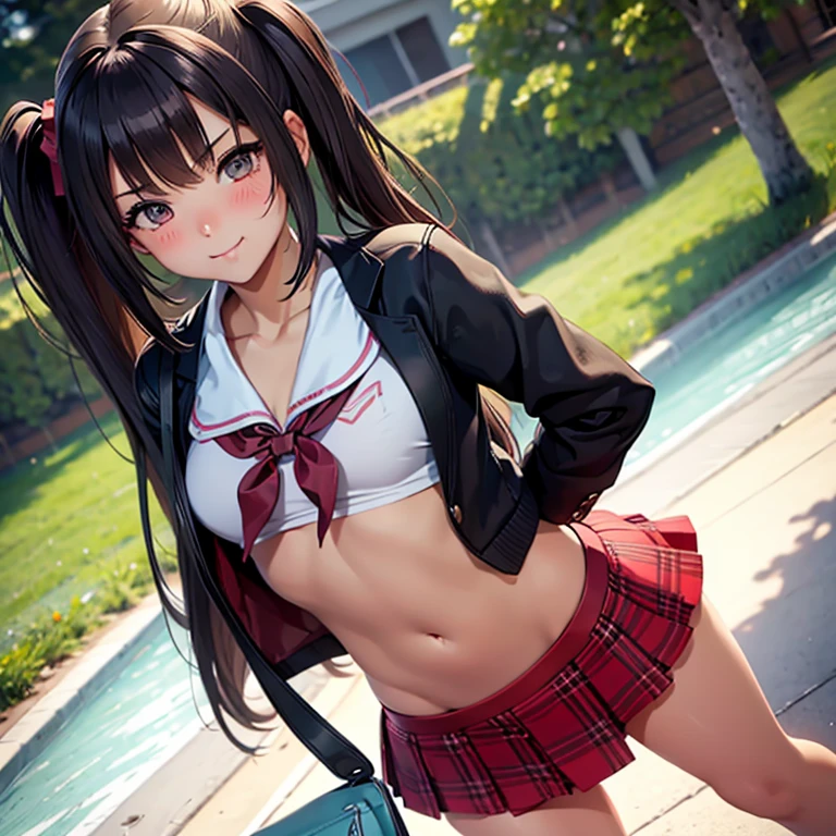 1girl, pretty, wicked smile, hot, sexy, expressive face, expressive eyes, sex, blushing, lewd, full lips. looking at the viewer, posing for a picture, standing up, small breasts, small hips, small waist,young girl (best quality) (best detail) , soft facial features, teasing expression, pouting, school girl uniform, younger sister,  sister.