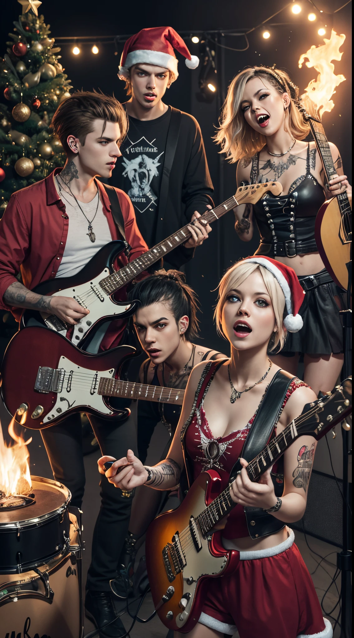 masterpiece, group of people, wearing costumes, a merry Christmas fairy tale, punk rock party, guitar, party with punk rock songs fire, sparks, detailed face