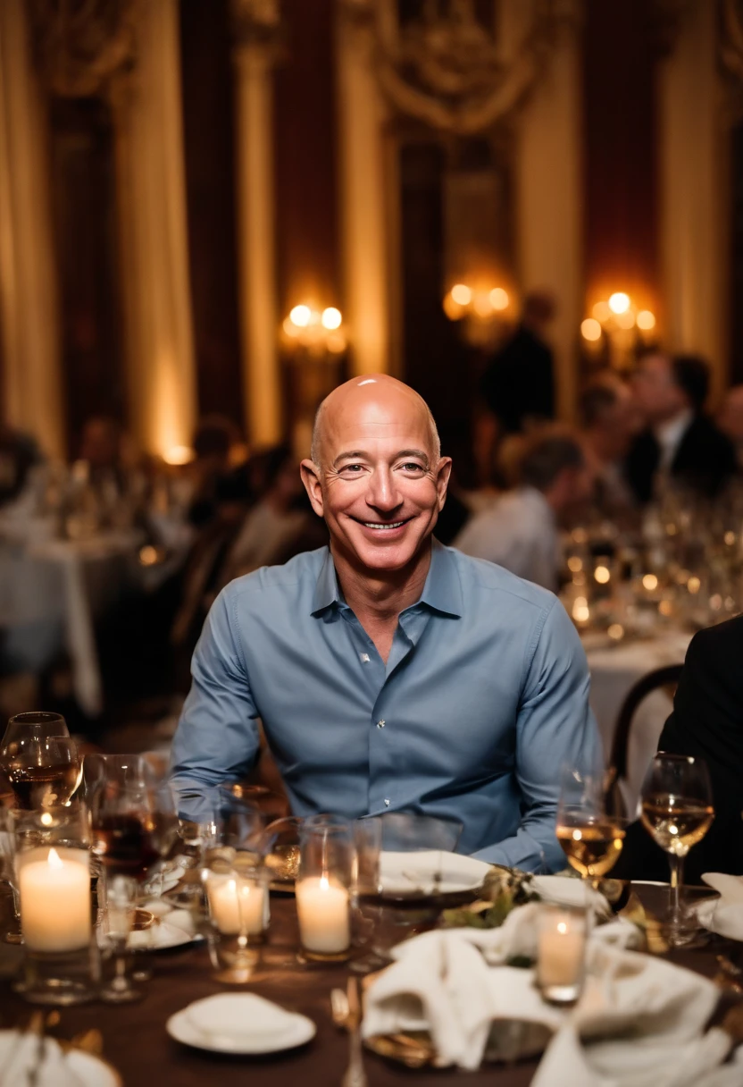 A photo of Bezos hosting a private exclusive dinner for tech innovators,original,Jeff Bezos, the founder of Amazon, is known for his bald head and often a warm, yet measured smile, presenting a recognizable and influential figure in the tech world. He usually appears in public wearing professional yet relatively understated attire, reflecting his practical approach to business and life. He’s gotten absolutely jacked after taking lots of testosterone and HGH., male